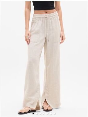 Athleta Relaxed Wide-Leg Drawstring Linen Pants in Light Cream